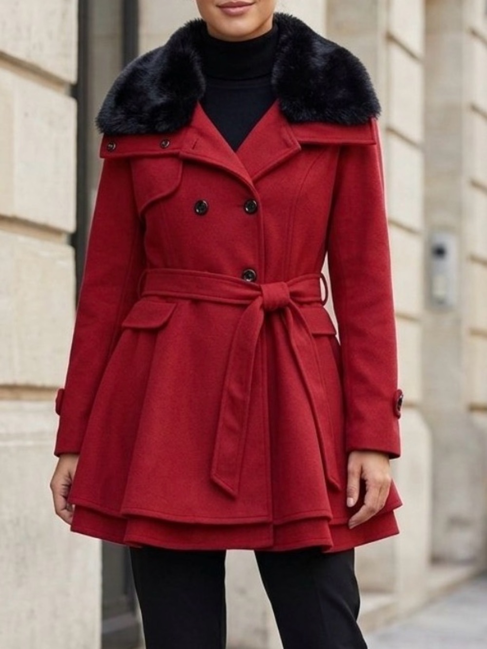 Zeagoo Women's Faux Fur Lapel Double-Breasted Thick Wool Coat (L) NWT